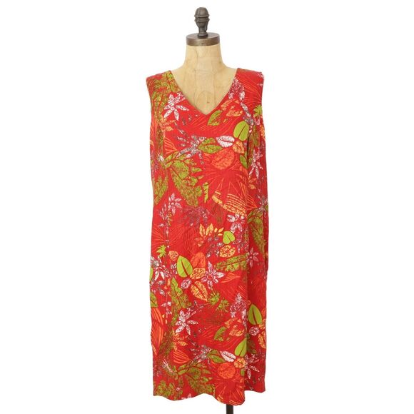 BAHAMA BEACH Hawaiian V-Neck Tank Dress 12 Red Floral Vacay Travel Coastal B29 - Picture 1 of 5